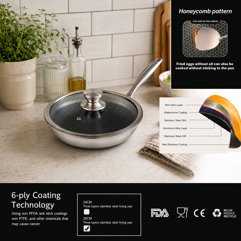26cm Honeycomb Frying Pan with Glass Lid