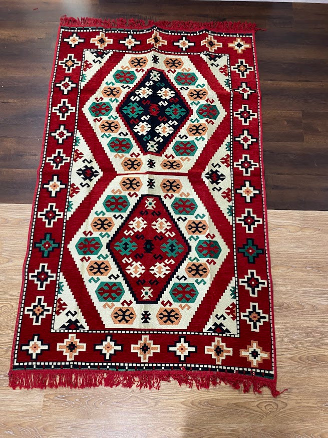 Turkish Cotton Rug Kilim - Red & White