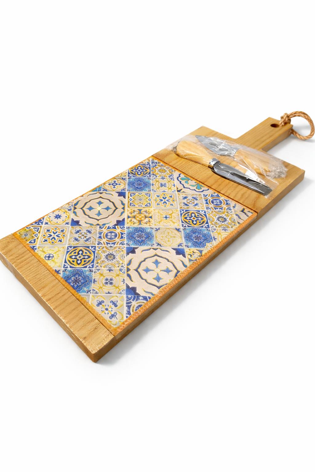 Wooden Cheese Board with Tile Design & Knife Set