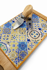 Wooden Cheese Board with Tile Design & Knife Set