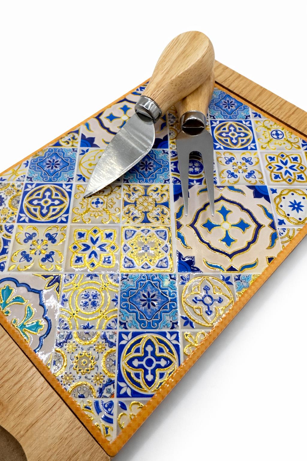 Wooden Cheese Board with Tile Design & Knife Set