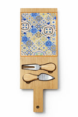 Wooden Cheese Board with Tile Design & Knife Set