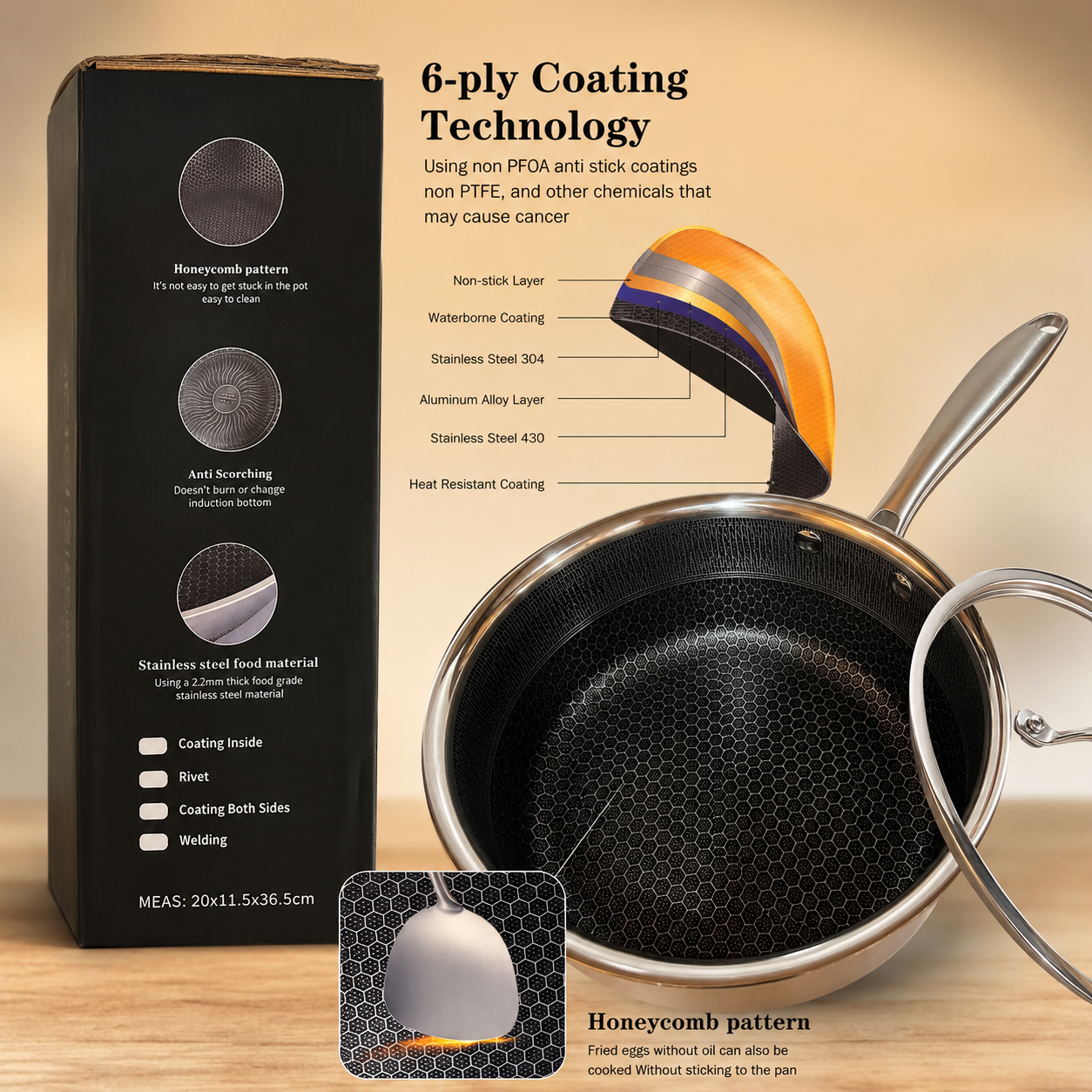 20cm Honeycomb Frying Pan with Glass Lid